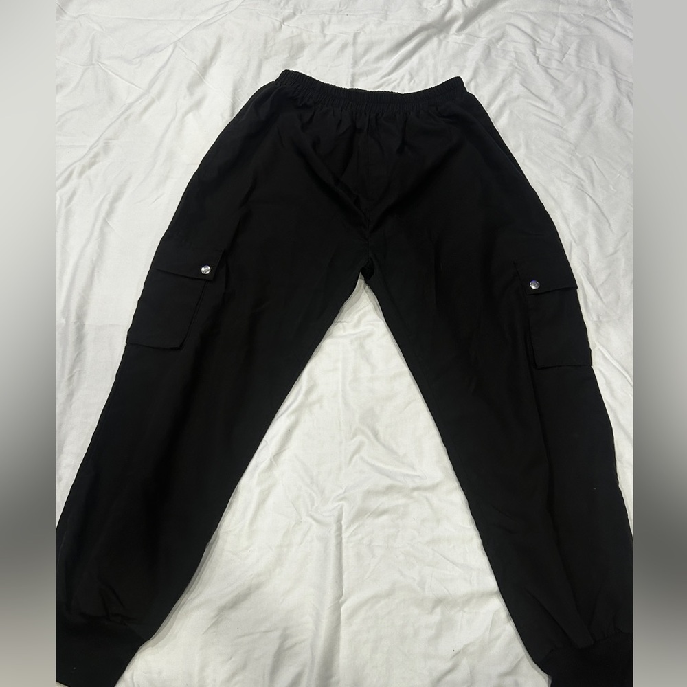 Black Cargo Pants Button Pocket